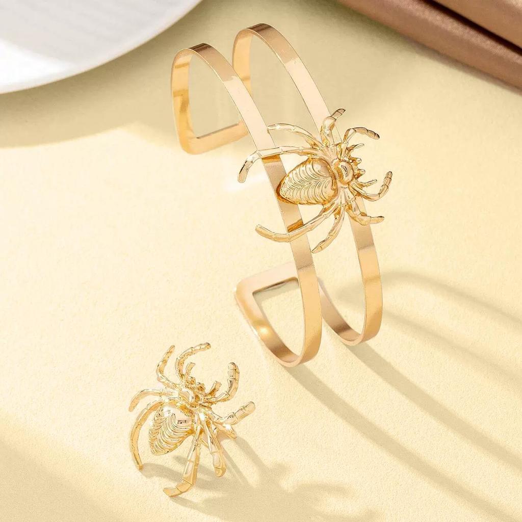 Vacation Fashion Gothic Spider Ring Gold Double Open Adjustable Arm Ring Set