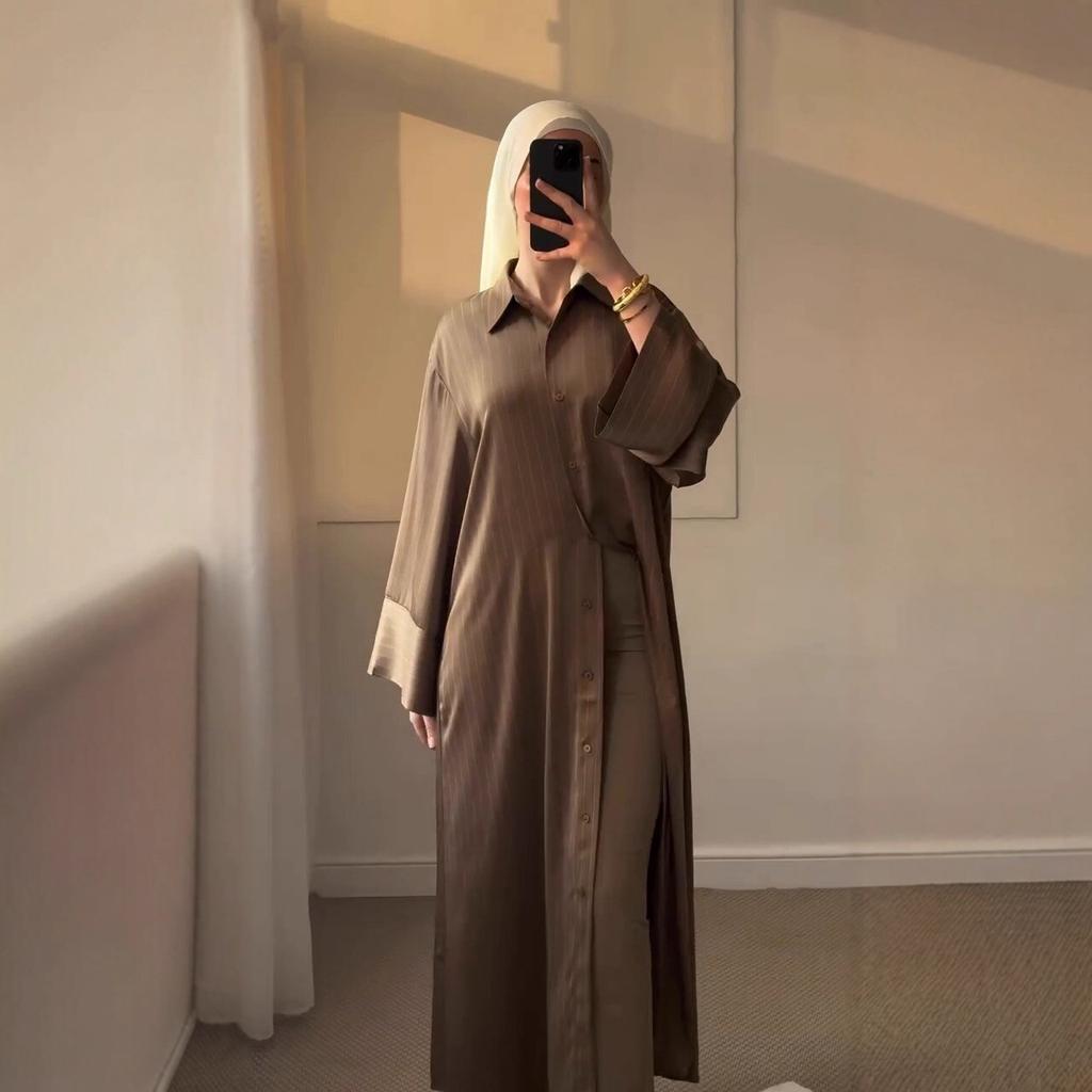 Mittlerer Osten Arabisch Dubai Türkisch Damen Frühling Neue Mode Gestreift Einreihig Hemdkleid