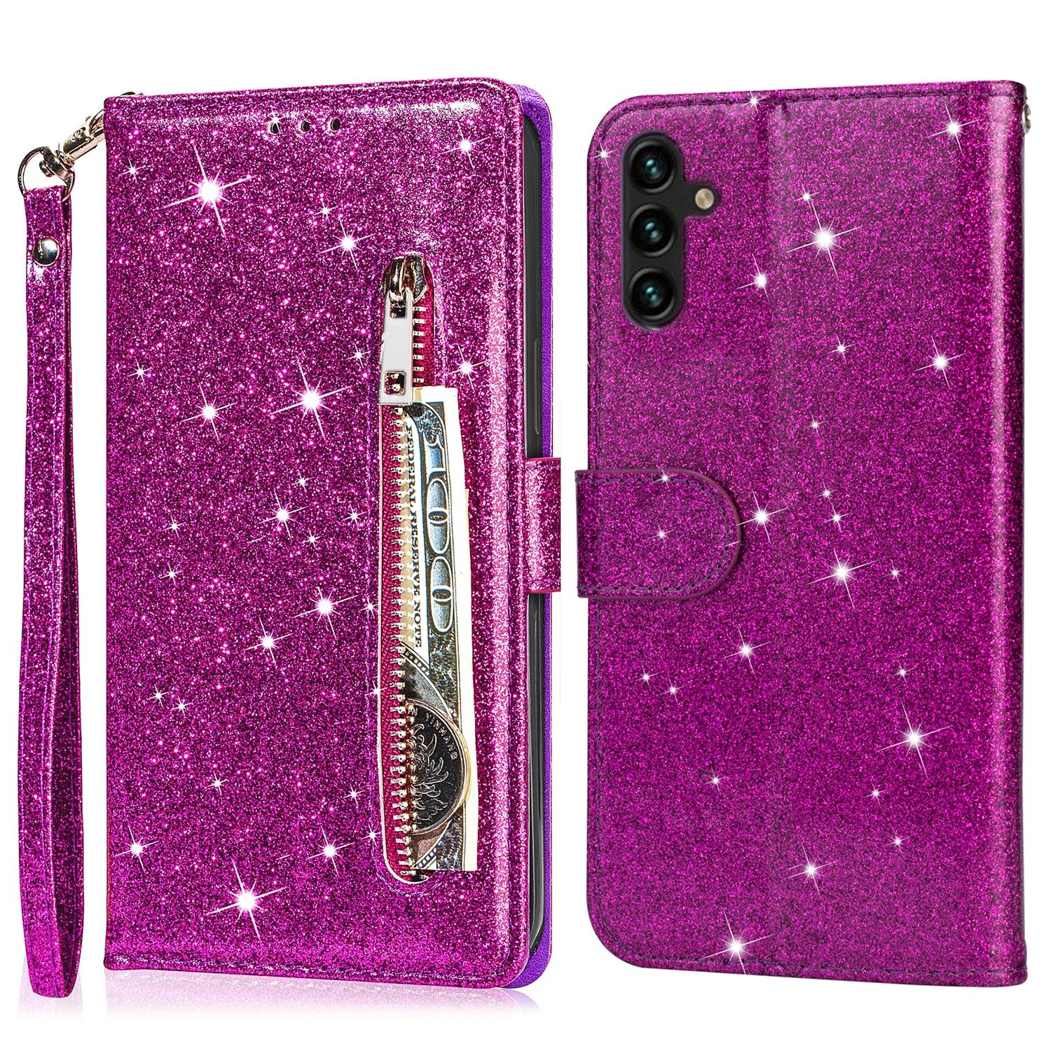 

For Samsung Galaxy A26 5G Stand Case Glitter Phone Leather Cover Zipper Pocket Purple