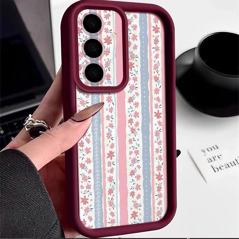 Floral Stripe Pattern Case For Samsung A57 A37 A27 A17 S26 Ultra S25 FE A56 A36 A16 A55 A35 A15 A54 5G S21 S22 S23 S24 Plus Shockproof Bumper Cover