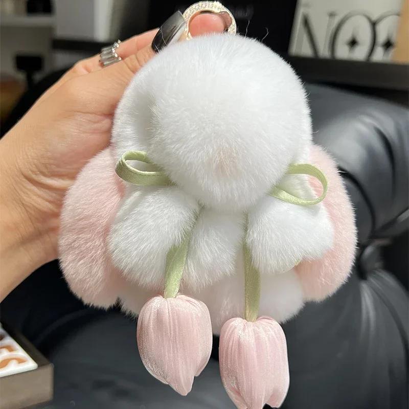 

Cute Rabbit Fur Keychain Mini Bunny Pendant Women Bag Car Key Ring Ornaments Girl Plush Toy Gift