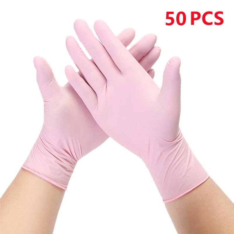 

Розовые нитриловые перчатки, одноразовые, 50 шт., латексные перчатки без пудры для женщин, перчатки для домашней уборки, сада, работы, салона, кухни M