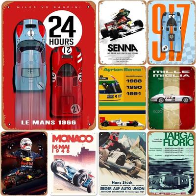 Autos Rennen Metallblechschilder Vintage Senna Mille Miglia Le Mans 1966 Auto Wandkunst Poster für Männerhöhle Cafe Bars Kneipen Dekoration