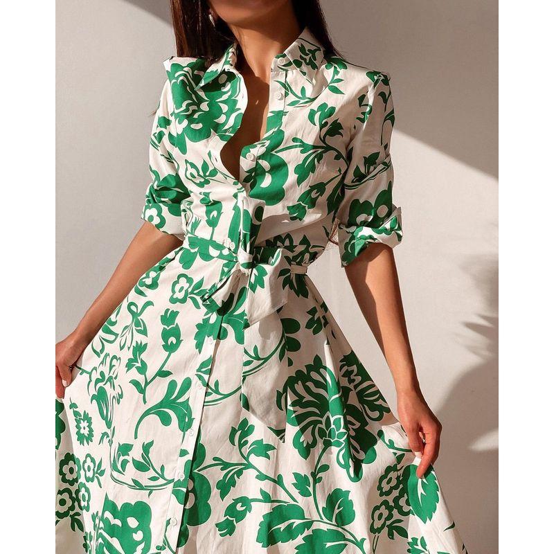 Women Printed Long Sleeve Dress Women's Printed Shirt Long Sleeve Lace-up Dress