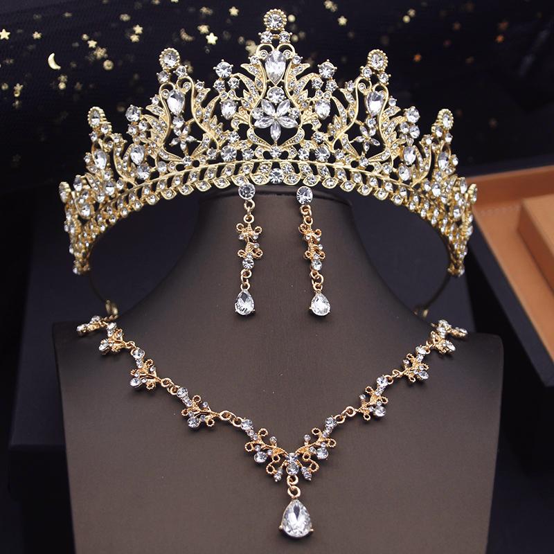 Luxury Blue Colors Bridal Jewelry Sets With Tiaras Princess Wedding Crown Necklace Earrings Set Bride Accessories