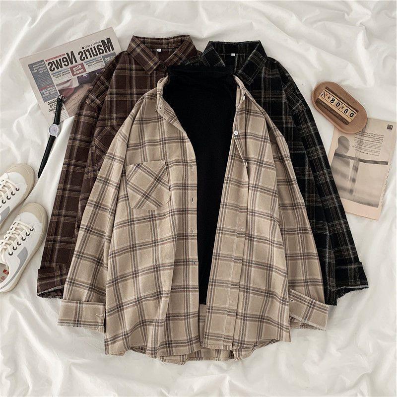 Retro rutig långärmad skjorta för kvinnor - Lös passform, Större storlekar, Koreansk stil Vårjacka