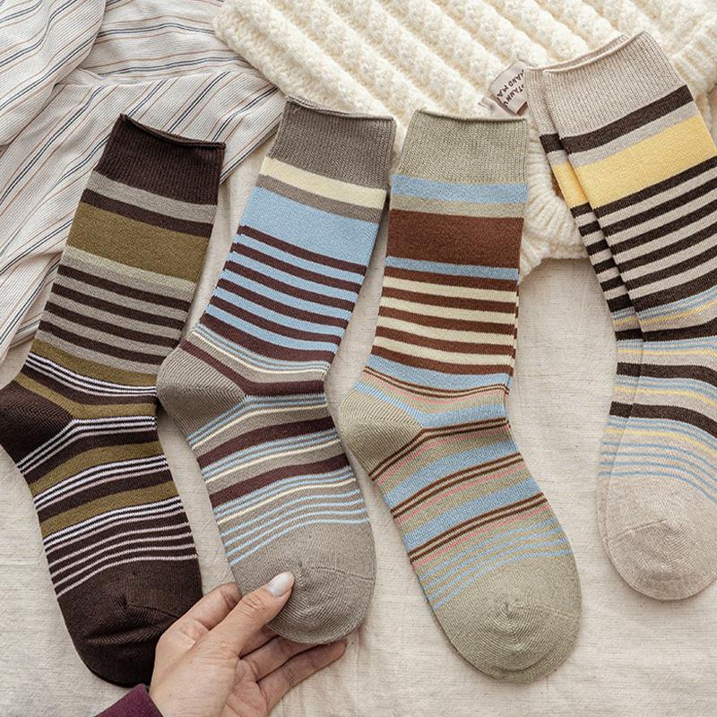 Women'S Autumn And Winter  Retro Style Striped Seamless Layered Socks