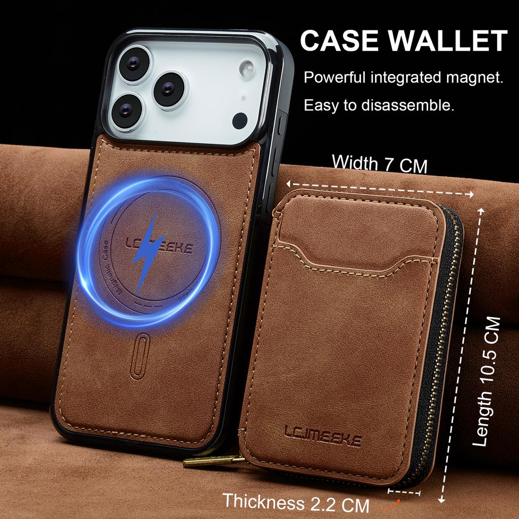 Custodia in Pelle 2 in 1 Staccabile Magnetica con Cerniera e Porta Carte per iPhone 17 Pro Max 16 Plus 15 14 13 12 Per Copertura Borsa Magsafe