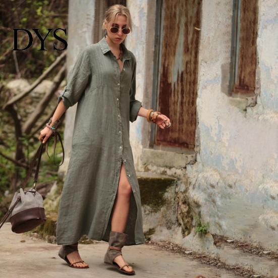 Spring Long Dress Summer Maxi Loose Turn-down Collar Sleeves Pure Color Casual Solid Single-breasted Cardigan OL Commute Daily Wear Women Lightweight