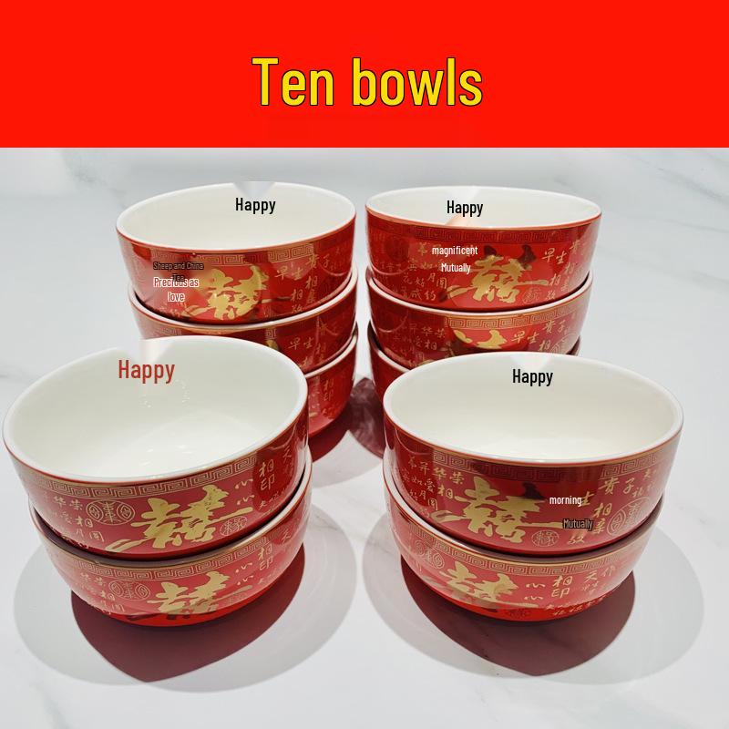 Festive Newlywed Ceramic Bowl & Chopstick Set: Happy Bowls & Red Soup Spoon for Wedding Banquet Tableware