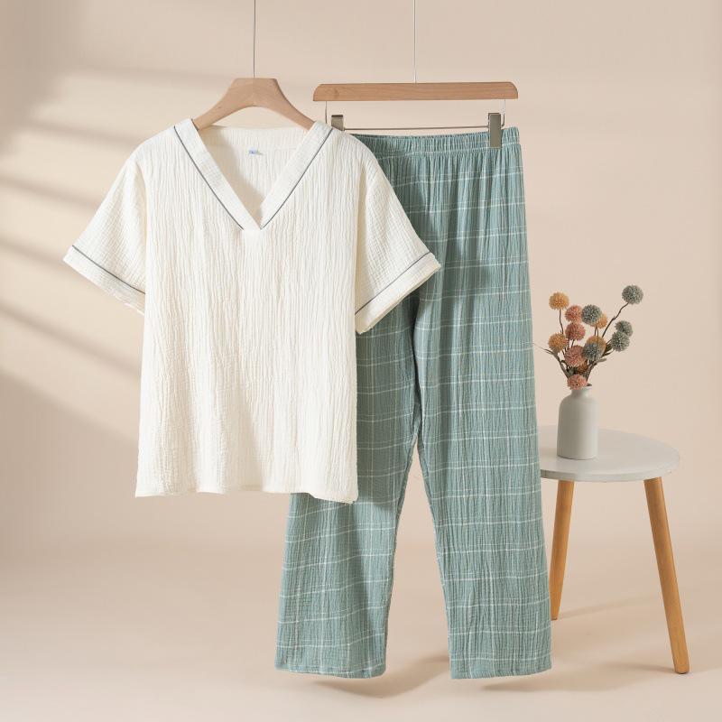 

Женский хлопковый пижамный комплект с коротким рукавом и длинными брюками, с V-образным вырезом, двойной слой марлевки, для дома/улицы, летний. XL