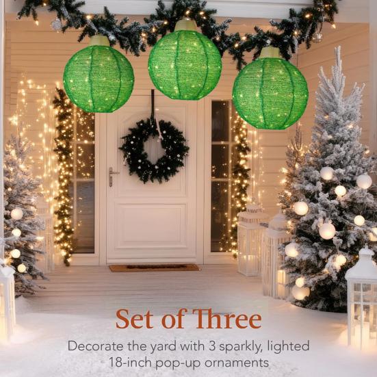3Pcs Outdoor Hanging Christmas Light LED Illuminated Ornament Balls with 8 Lighting Modes And Timer Festive Sequin Ball for Porch Garden Decor