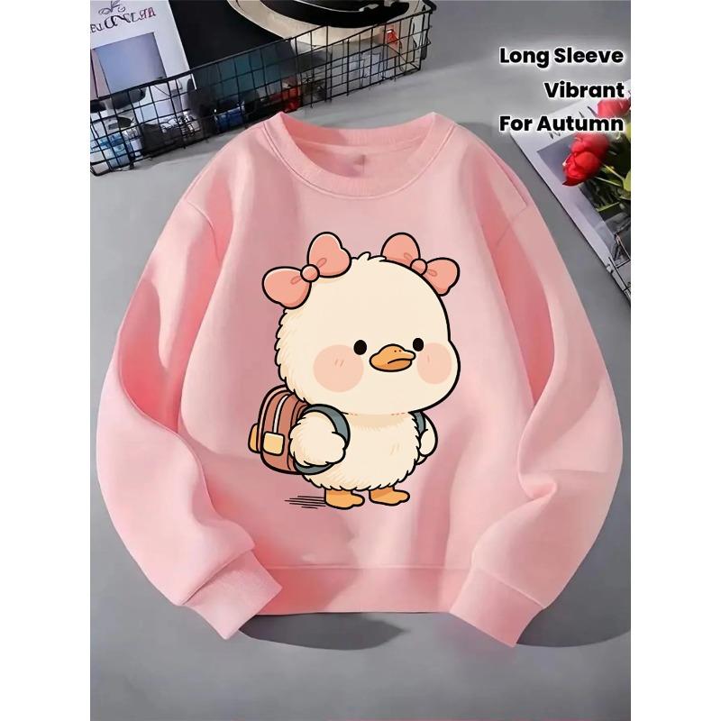 Crewneck Sweatshirt for Girls Featuring an Adorable Duck with a Backpack And Bows. It'S Machine Washable
