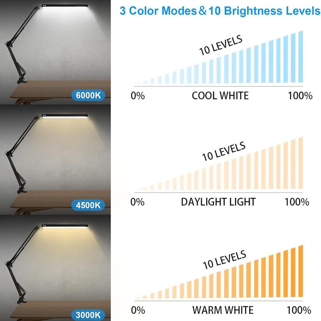 LED Adjustable Arm Desk Lamp with Eye Care, 3 Colors, 10 Brightness Levels for Home and Office.