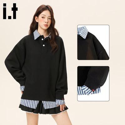 :CHOCOOLATEit Damen Amerikanisches Retro Faux Zweiteiliges Polo-Sweatshirt