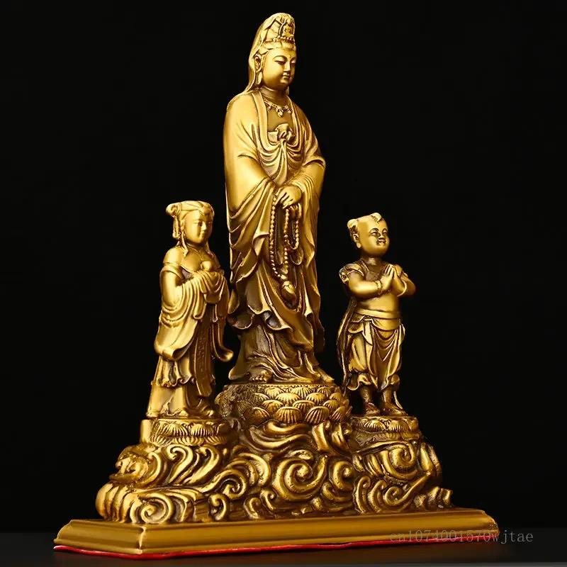 Copper Avalokitesvara Buddha statue the golden child and the jade girl offering ornaments home furnishing Buddha sculptures, 1Pc