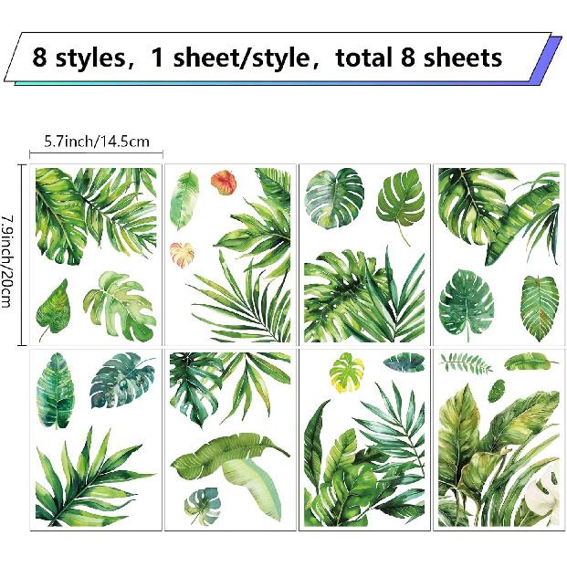 CRASPIRE Green Leaf Window Decal 8 Sheets Adhesive Jungle Leaves Window Stickers Removable Waterproof PVC Clings for Home Living Room Balcony Kitchen