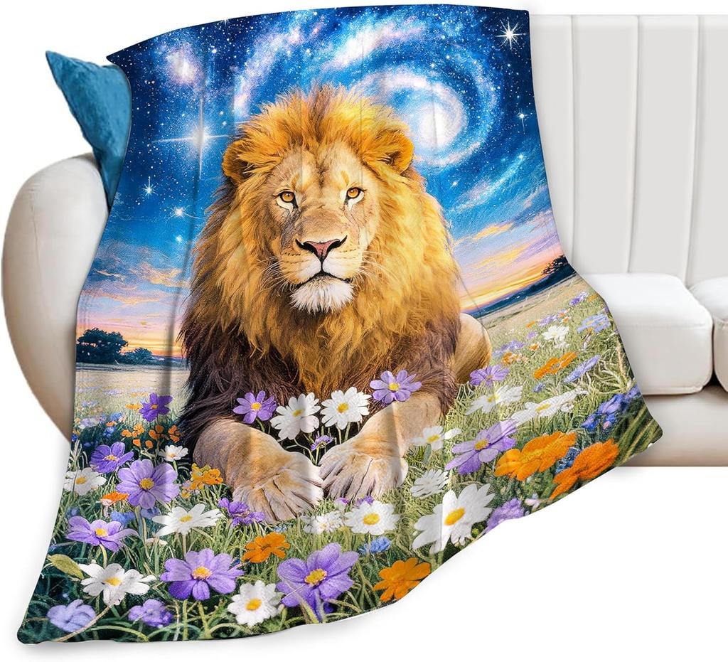 Colourful Lion Pattern Flannel Throw Blanket King Queen Size Super Soft Warm Blanket for Bed Sofa Couch Lightweight Kid Boy Gift