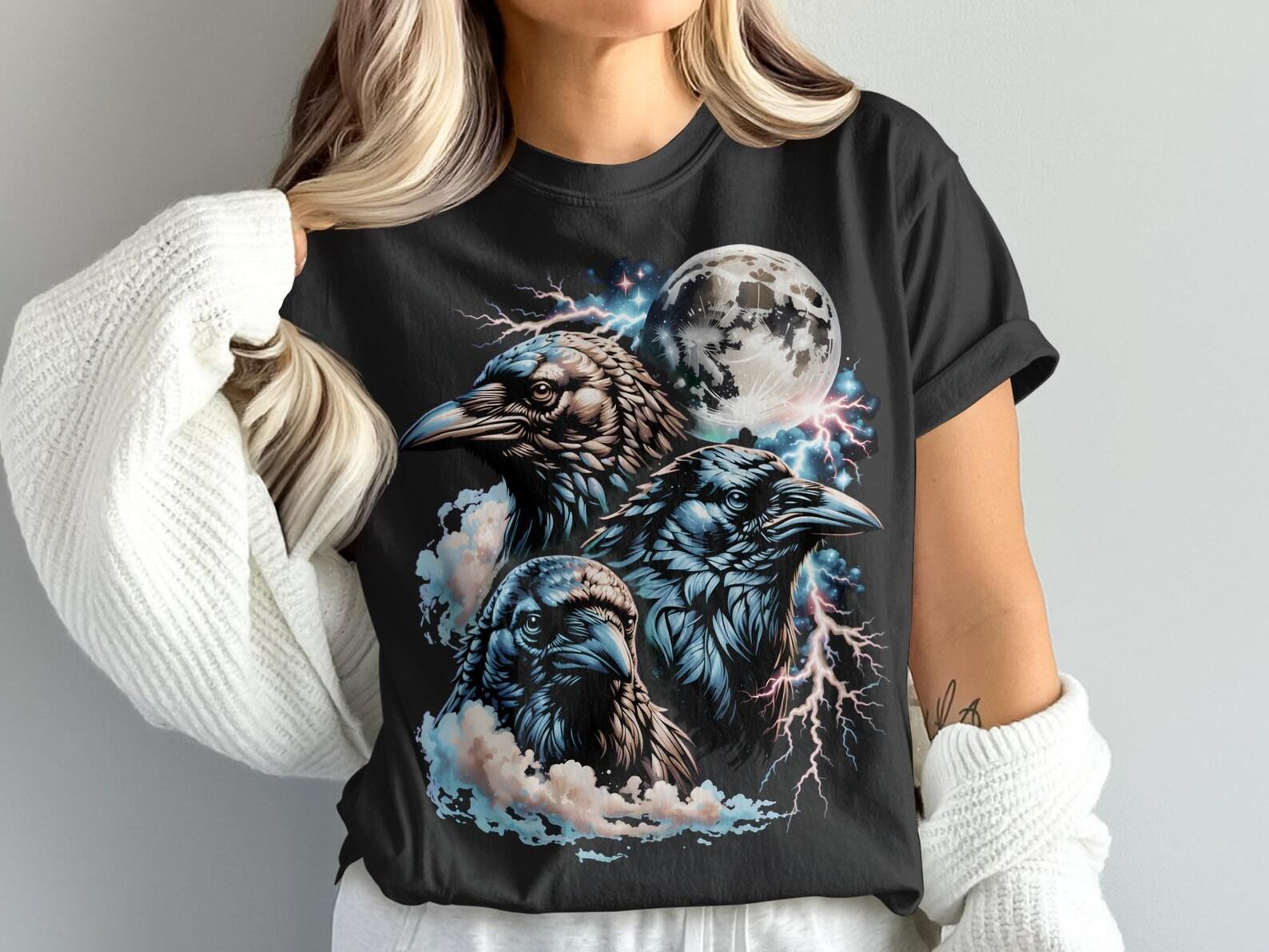 Three Ravens Moon T-Shirt, Raven Head Design Tee, Crow Moon Lightning Art, Mystical Bird Graphic Tee, Dark Fantasy Gothic T-Shirt Gift 4XL