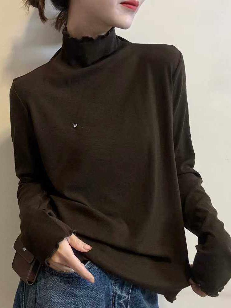 Stylish French Stand Collar Women's Long-Sleeve T-Shirt - Autumn/Winter Casual Wear