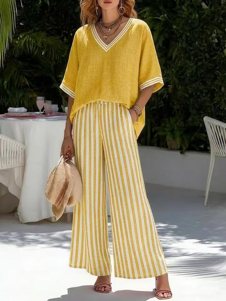 Gestreiftes Weitbein-Hosen-Set Damen Urlaubsstil Zweiteiliges Outfit Sommerurlaubsstil