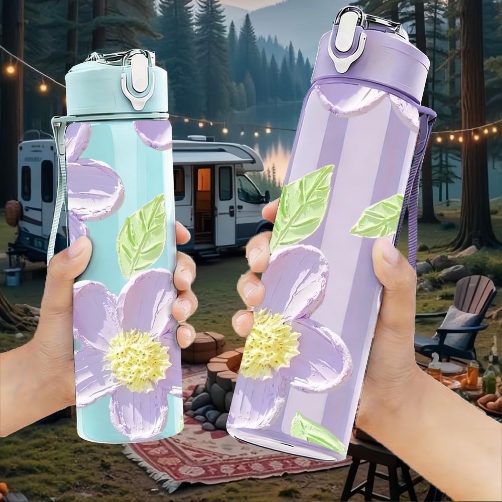 1PC Soft Pastel Purple Floral Leaf Print 750ml Color Plastic Sports Water Bottle Leakproof Flip Straw Lid Suitable for Sports Office Home Use