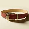 American denim red embossed decorative belt, full set of engraved hardware five-star horseshoe buckle western retro belt