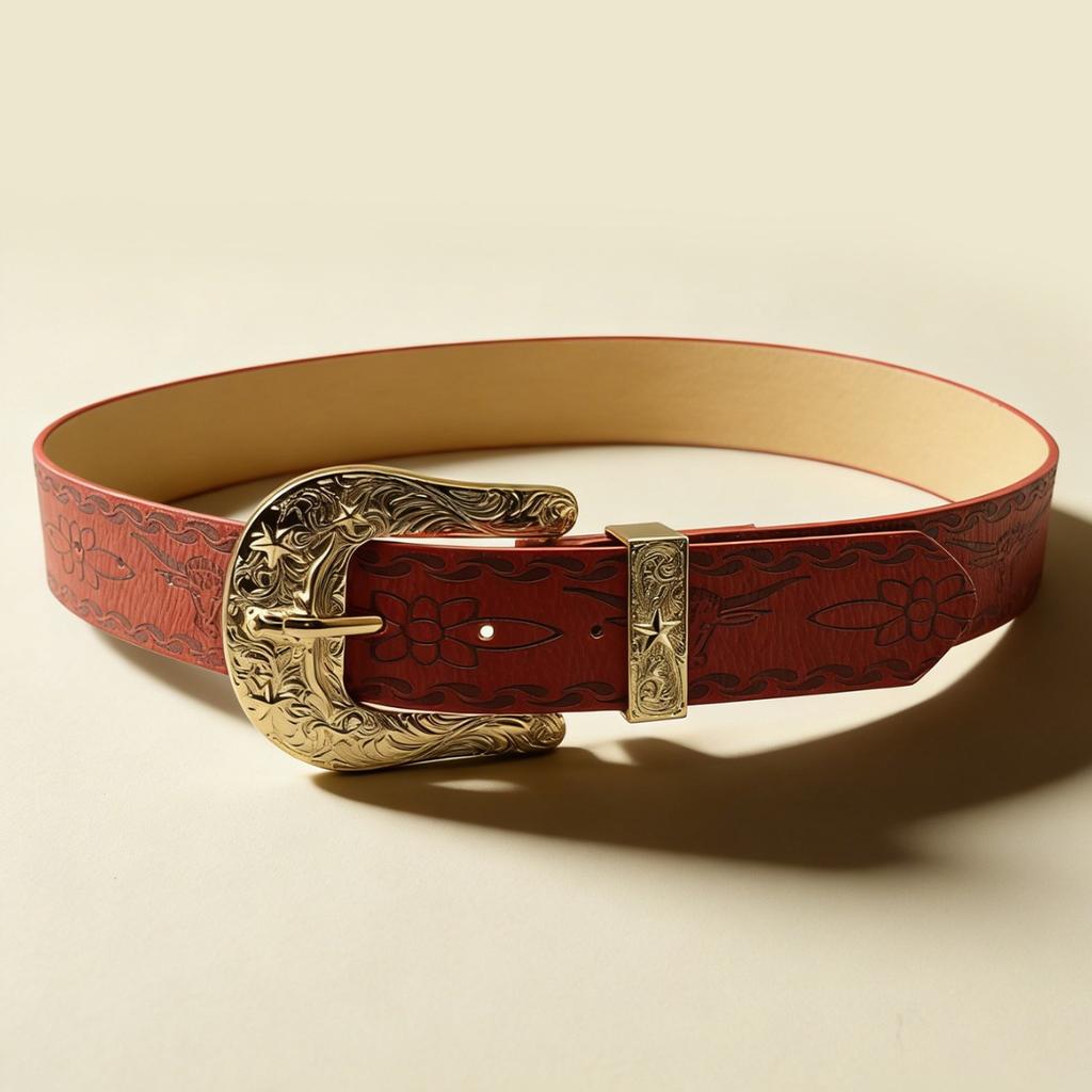 American denim red embossed decorative belt, full set of engraved hardware five-star horseshoe buckle western retro belt