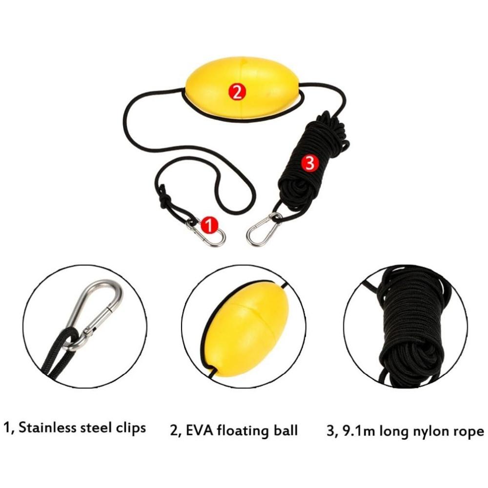 30 Ft. Marine Rope Tow Line, Buoy Ball Float Leash & Stainless Steel Hook For Fishing Drift Anchors System