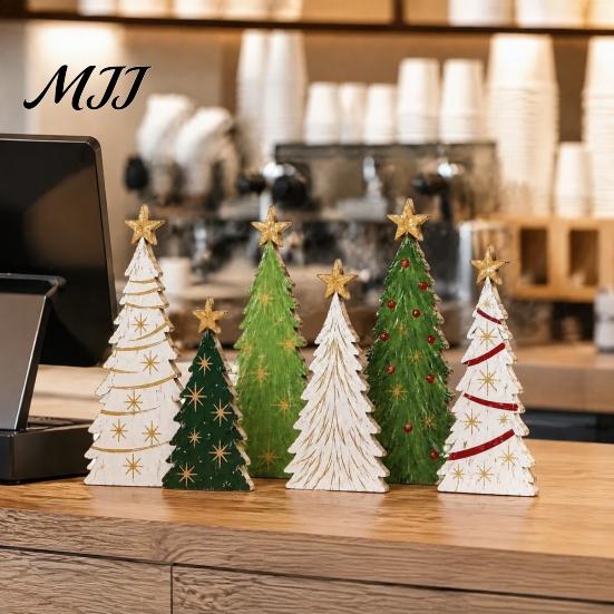 Hand Painted Holiday Table Decor 6Pcs Wooden Christmas Tree Tabletop Set, Rustic Star Topped Retro Seasonal Mantel Decorations Mini Figurines,