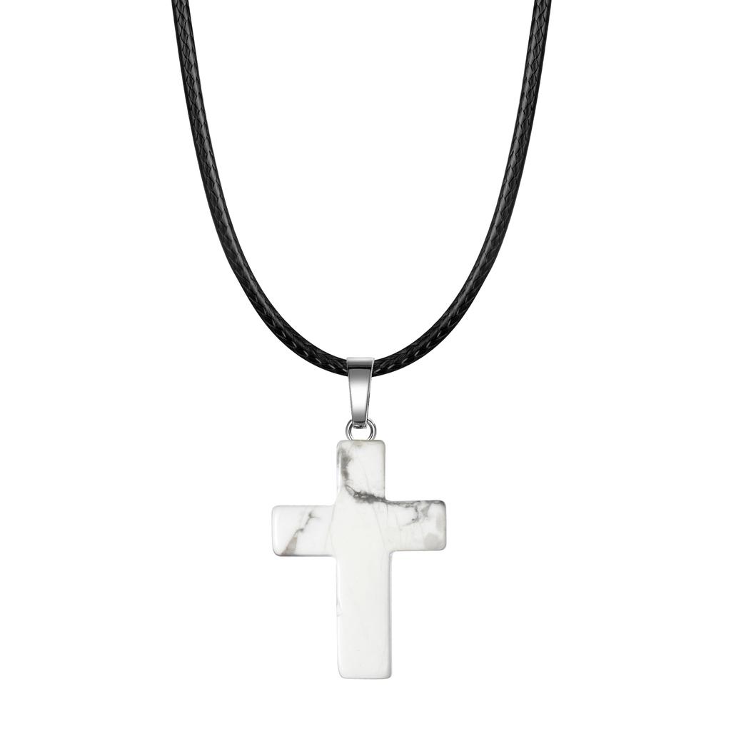 Natural Stone Cross Pendant Necklace Women Men 18inch Black Leather Cord Custom Crystal Choker Chakra Jewelry Findings