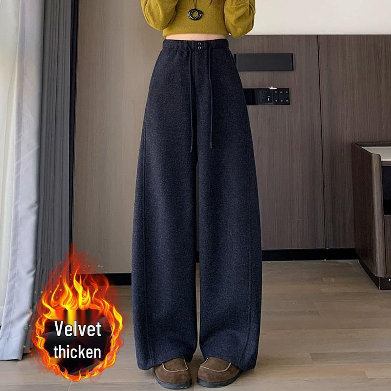 Xin Xin Women's Plus Velvet Thick Woolen Curved Leg Trousers - Loose, Straight, Wide-Leg for Autumn Winter 2025