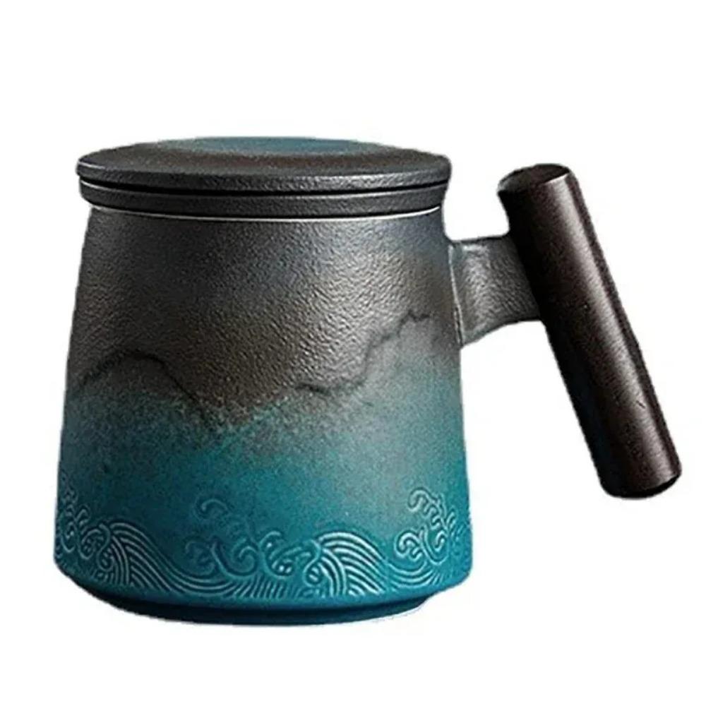 Vintage Ceramic Mugs Wooden Handle Tea Cups with Strainer and Lid Portable Unusual Coffee Mug Personalized Gifts for Father