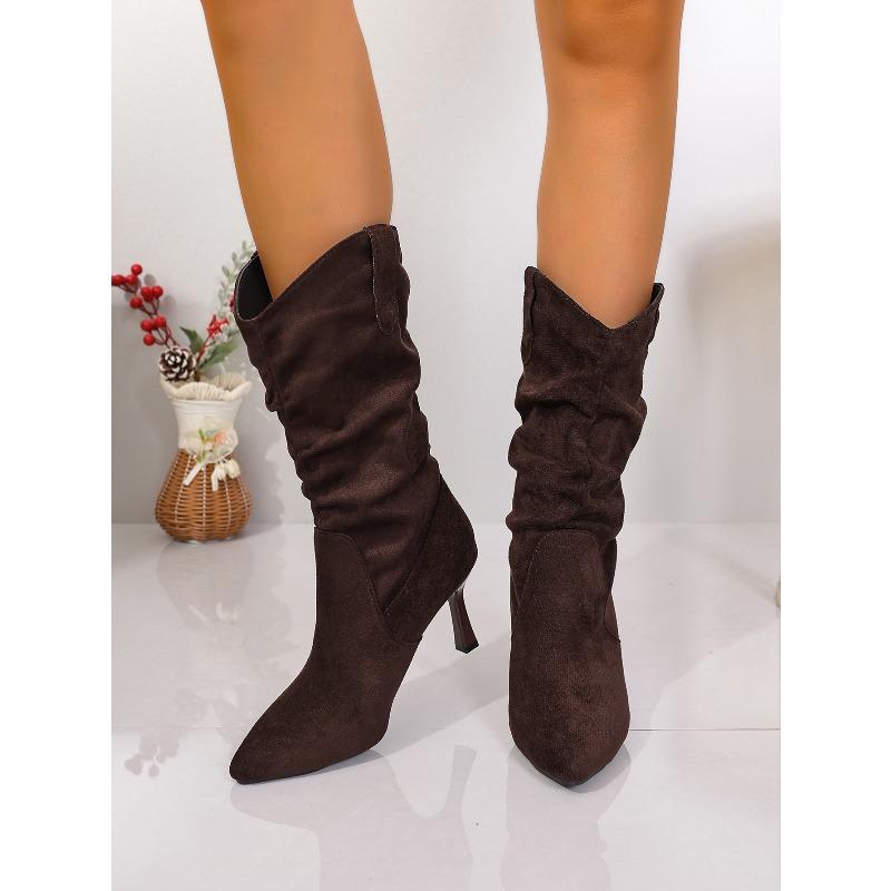 Big Size Pointed Toe High Heel Fashion Boots 2025 Winter New Pleated Mid-leg Boots for Women