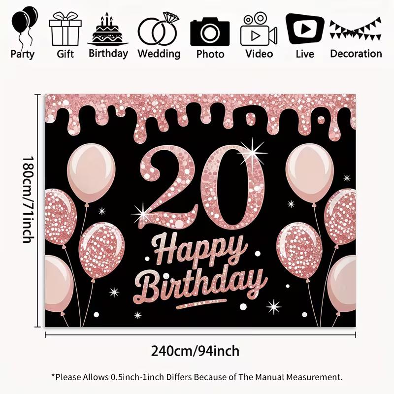 2D 20th Birthday Backdrop for Milestone Celebrations, Rose Gold & Black Themed Parties