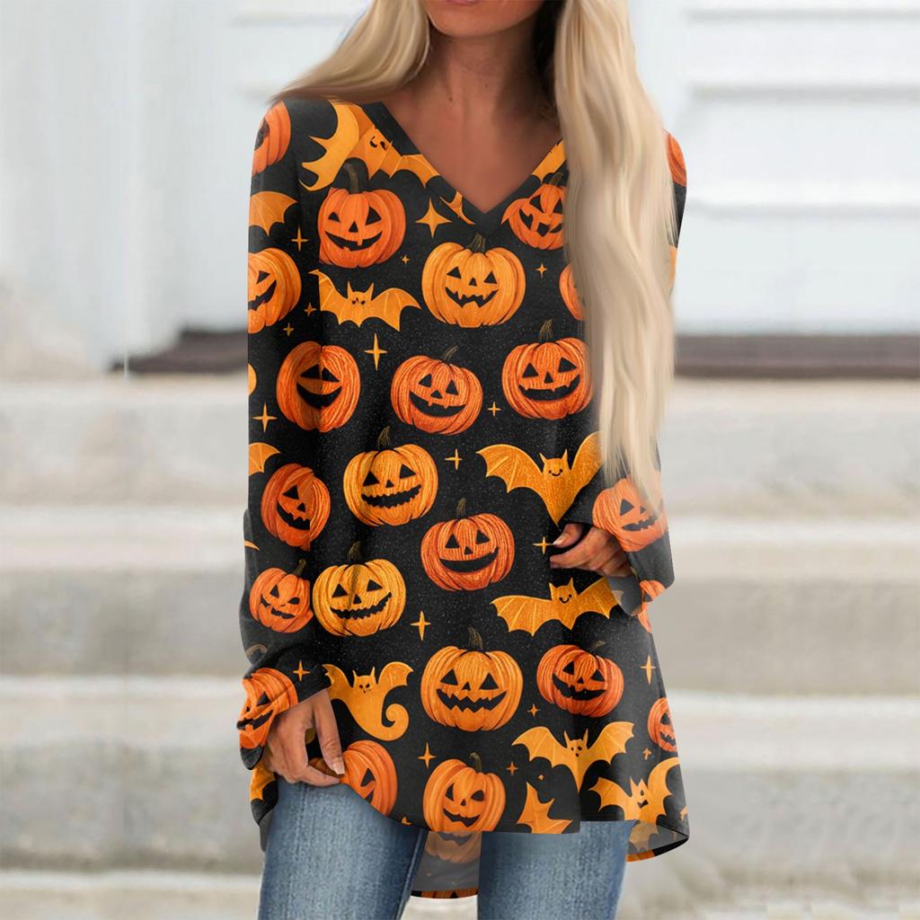 Dámské módní a ležérní tričko s halloweenským potiskem, s dlouhým rukávem, výstřihem do V, středně dlouhé
