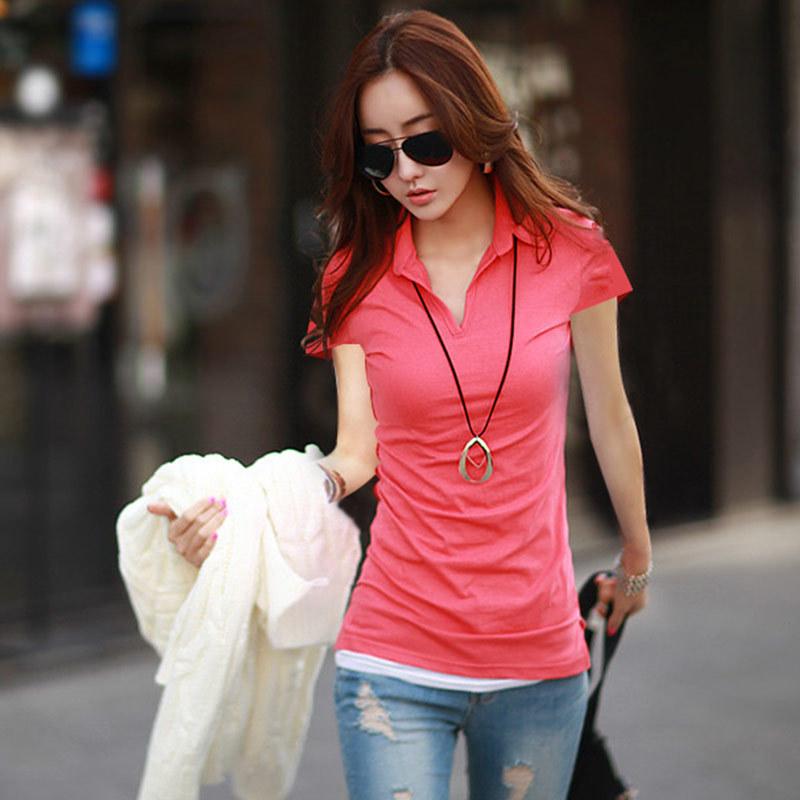 Módní elastické tričko Slim Fit s klopou a krátkým rukávem Dámské tričko se spodním okrajem z bavlny 95