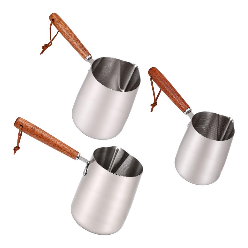 Milk Frothing Pitcher 304 Stainless Steel Milk Frother Cup with Wood Handle Spout for Coffee Art Heating Oil Melting