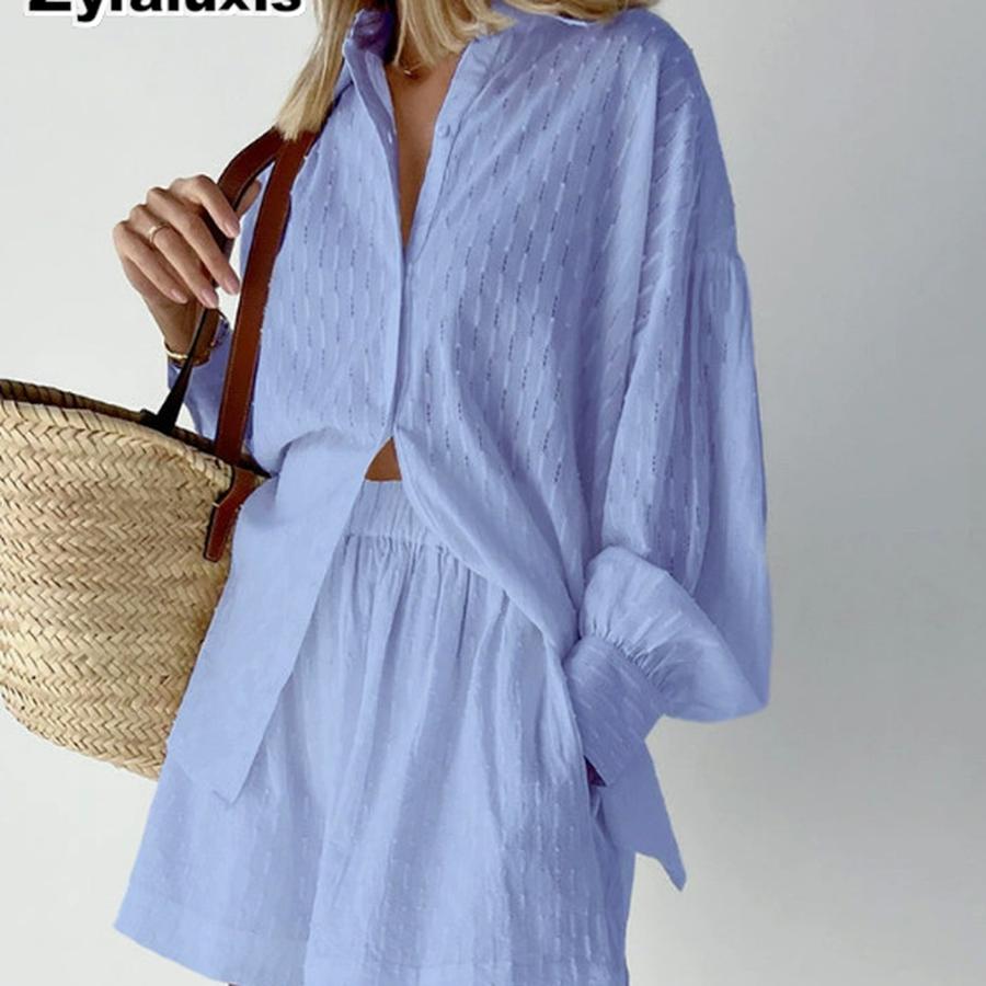 Spring/Summer Women's Lace Trim Bubble Sleeve Top Set with Shorts Casual Fashion Outfit