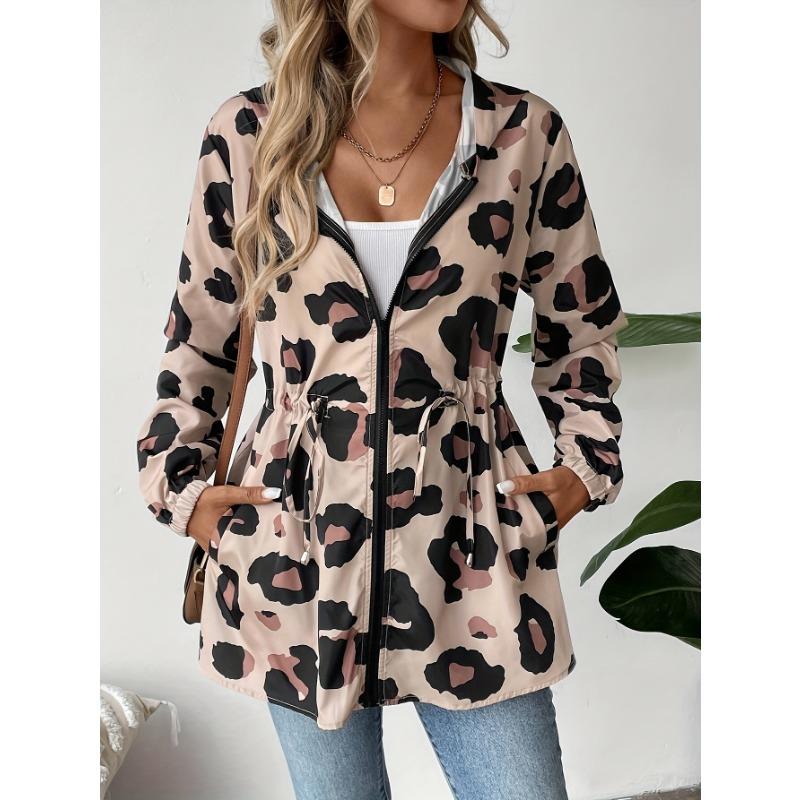 Women'S Casual Leopard Print Zip-Up Jacket - 100% Polyester Hooded Midi Length with Long Sleeves for Spring/Fall