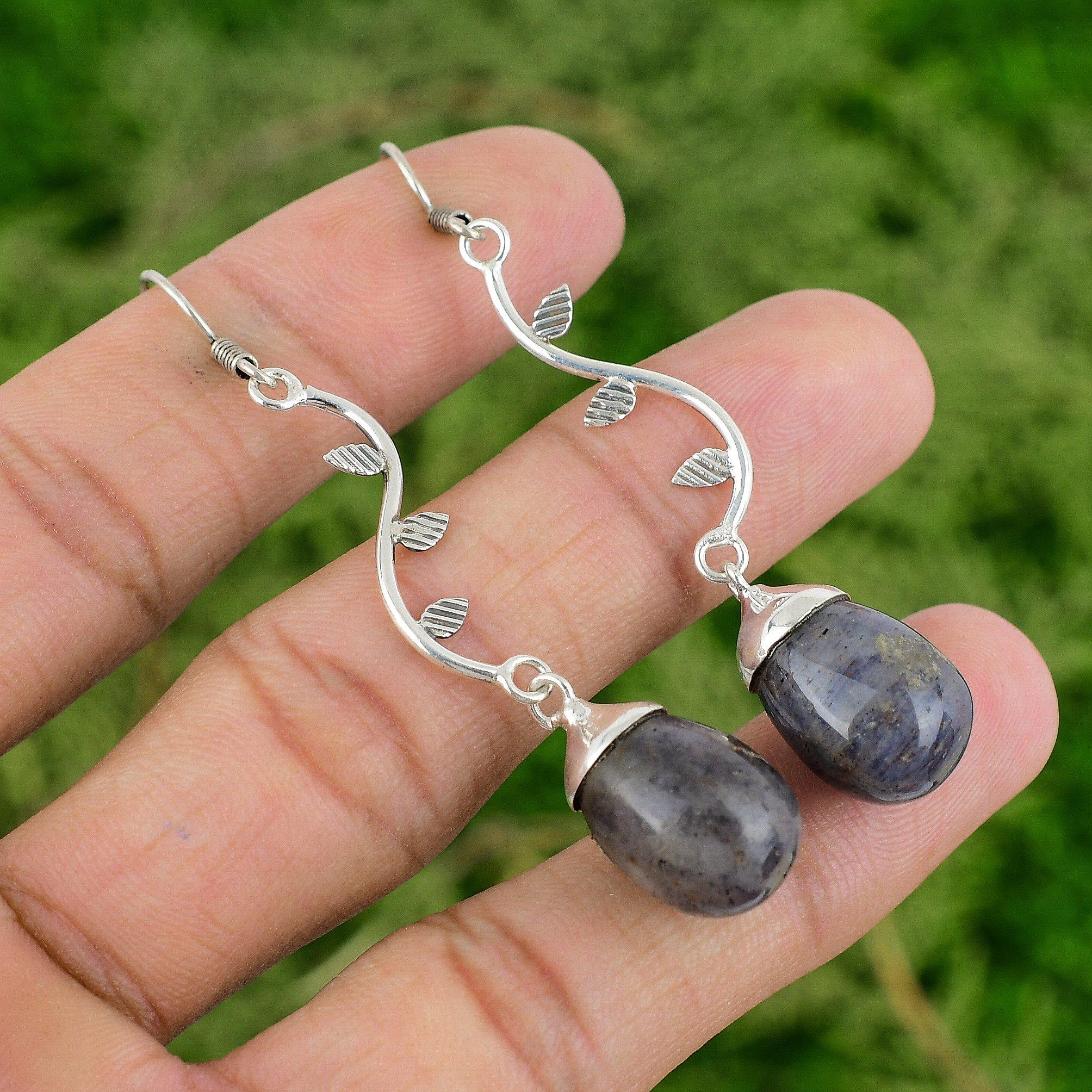 

Blue Aventurine Gemstone Sterling Silver Wedding Wife Drop Bezel Hook Earrings