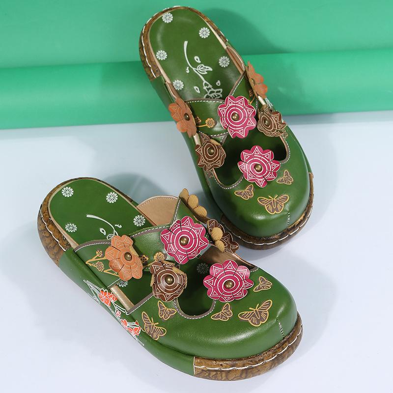 Fashion New Baotou Ethnic Half Slippers for Women Flat Bottom Flower Thick Sole Retro Women's Platform Sandals Mules Summer Footwear