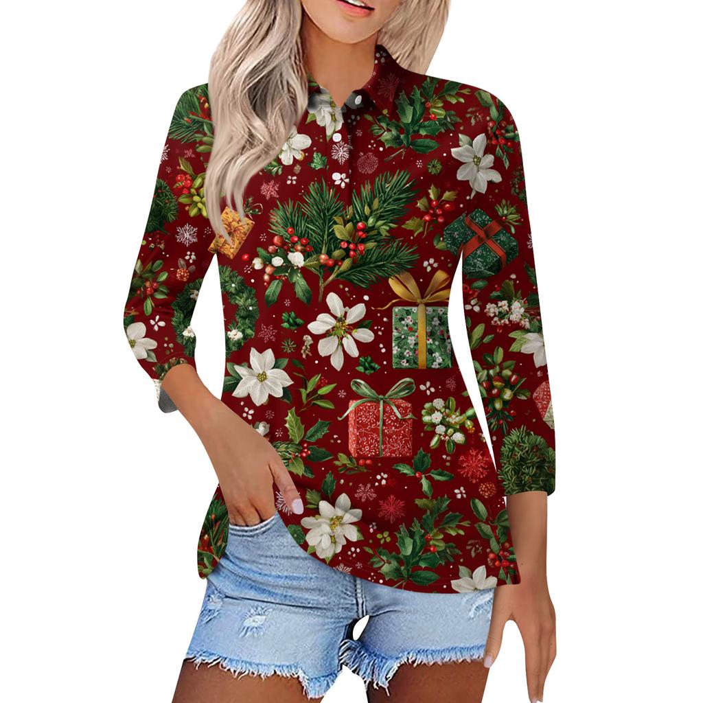 Women's Fashion Casual Button 3/4 Sleeve Vintage  Print Lapel Top