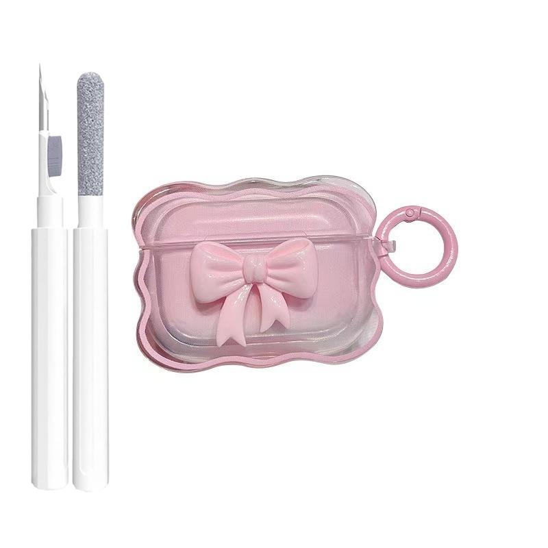 For AirPods Pro3 4 3 2 1 Pro Cute Wave Case Girly 3D Pink Bow Soft TPU Kawaii Generation Cover with Kit Keychain Women Girls