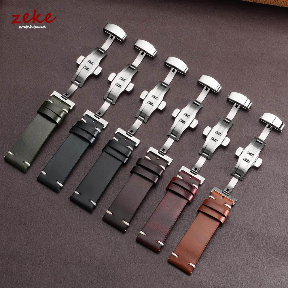 Vintage Oil Wax Leather Watch Band 18mm20mm 22mm Bracelet for Seiko Butterfly Buckle Stitching Cowhide Strap for Omega Watchband