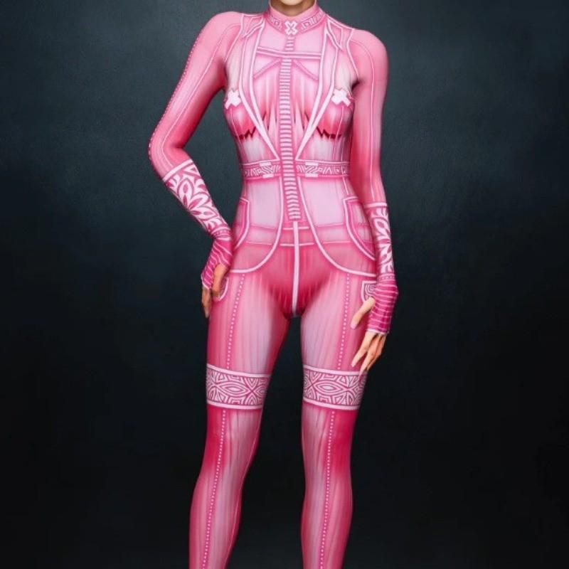 Women Dance Pink Tights Adults Halloween Party Cosplay Dress Up Cyber Punk 3D Digital Printing Jumpsuit