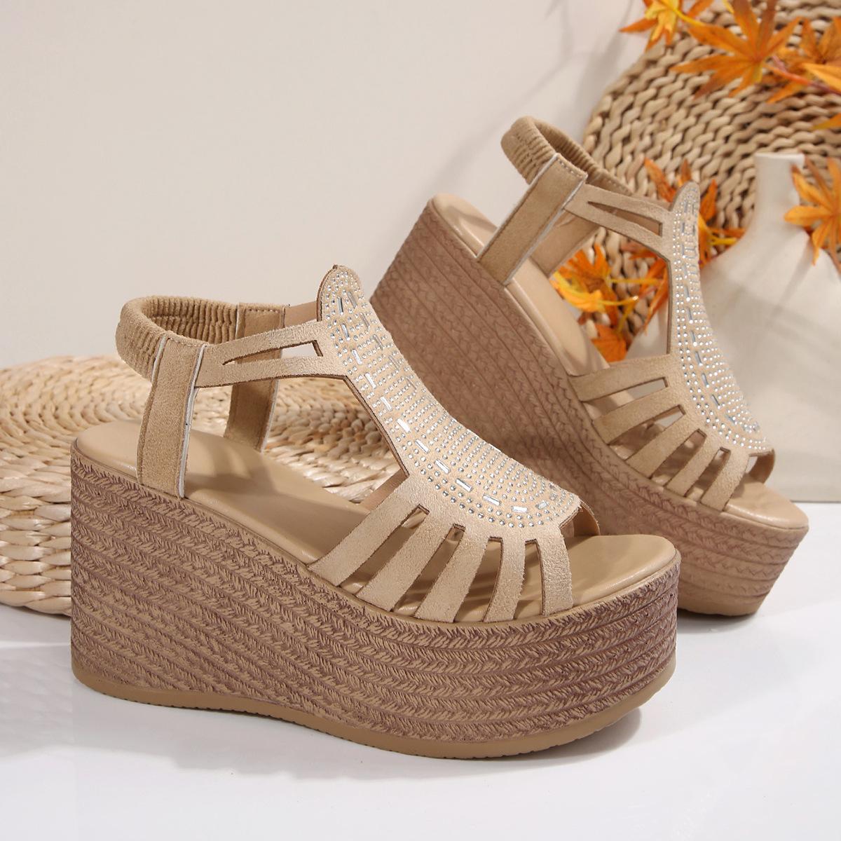 Women s New Summer Platform Wedge Plus Size Hollow Elastic Roman Sandals 35 бежевый