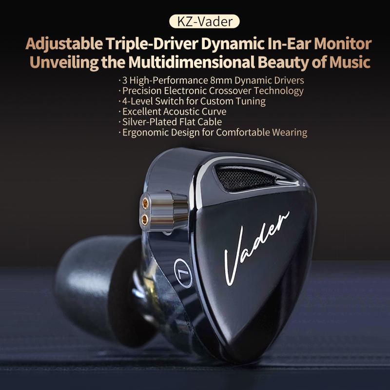 KZ Vader 3 Dynamic Driver IEM In-Ear Monitor Triple 8mm DD Crossover 4-Level Tuning Switch 0.75mm 2-Pin Cable 3.5mm HiFi 7