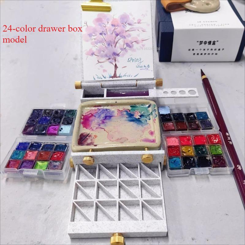 

24 Color Mini Watercolor Paint Empty Box Portable Folding Art Tool Outdoor Sketching Handcrafted Drawing Board Palette Supplies