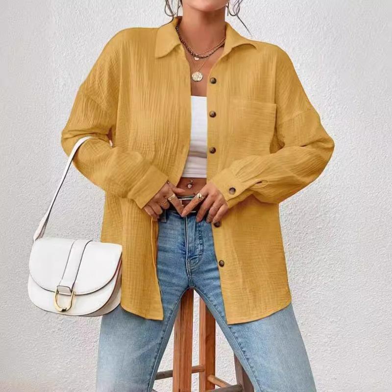 Camicie da Donna in Garza di Cotone Mussola Top Casual con Collo a Revers Manica Lunga Bluse Eleganti da Ufficio per Donne Blusas